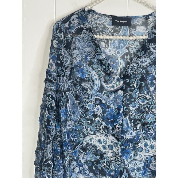 The Kooples Blue V Neck Sheer Paisley Print Cropped Blouse Size 1 FR/US 4 - Picture 2 of 9